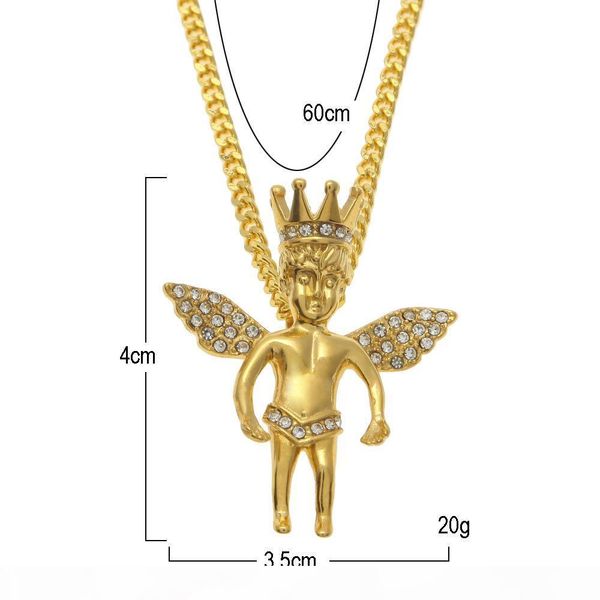 l fashion jewelry stainless steel crown angel insert diamond pendant necklace with 24inch cuba chain necklace hip hop neckace, Silver